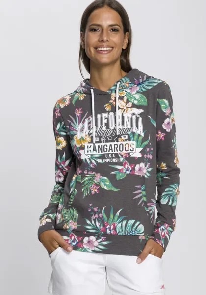 Толстовка KangaROOS с капюшоном, классным цветочным принтом по всей поверхности и логотипом в студенческом стиле, антрацит