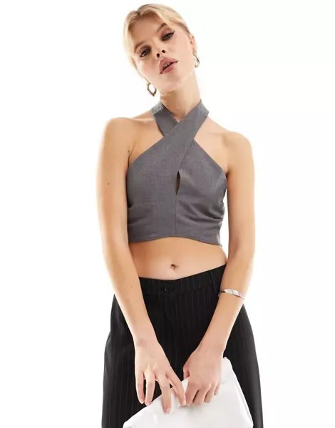 Топ Pull&Bear антрацитового цвета с перекрещенными бретельками и шнуровкой сзади