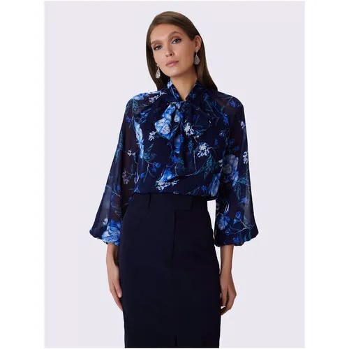 Блуза  Арт-Деко, нарядный стиль, прямой силуэт, длинный рукав, подкладка, флористический принт, размер 46, синий