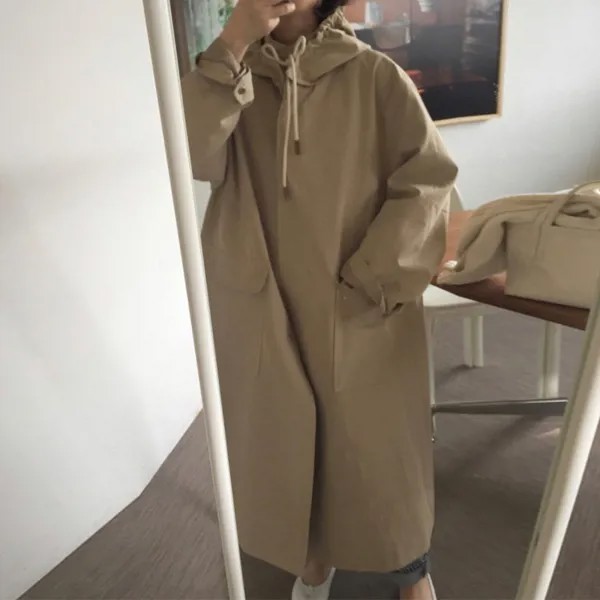 Женский Тренч, осень 2021, новая Корейская Ветровка цвета хаки с капюшоном, Женская длинная куртка