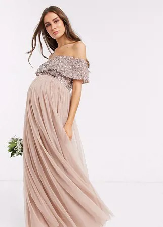 Розовое платье макси из тюля с широким вырезом и однотонными пайетками Maya Maternity Bridesmaid-Коричневый цвет