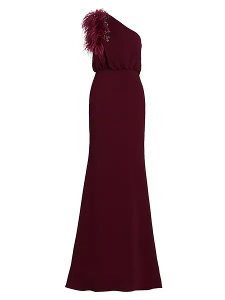 Платье на одно плечо, украшенное перьями и кристаллами Badgley Mischka, цвет wine