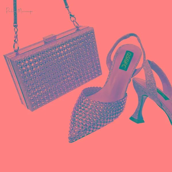 Новинка 2022, итальянский новый дизайн, блестящие туфли на высоком каблуке, праздничные женские туфли и сумки персикового цвета