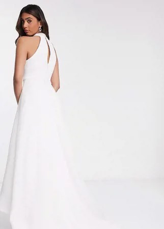 Сетчатое свадебное платье макси цвета слоновой кости с асимметричной юбкой и карманами Bariano-Белый