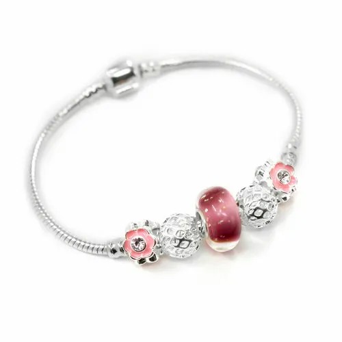 Браслет-цепочка Handinsilver ( Посеребриручку ) Браслет с шармами на основе из бижутерной стали, стекло, муранское стекло, стразы, 1 шт., размер 16 см, розовый