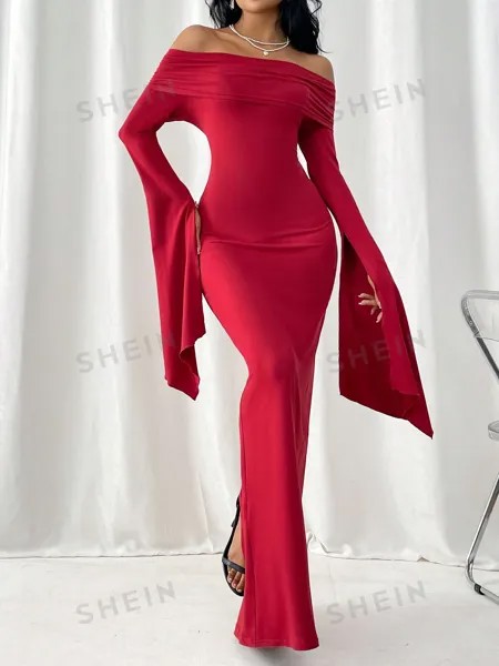 Платье-макси плиссированное Shein Privé с открытыми плечами, бургундия