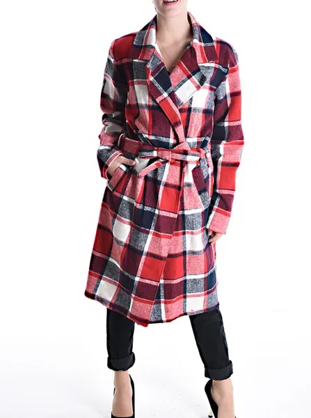 Пальто в клетку шотландка с поясом без подкладки с карманами, красный кирпич