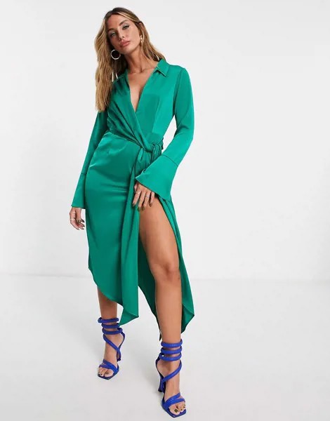 Атласное платье-рубашка миди с драпировкой ASOS DESIGN-Зеленый цвет
