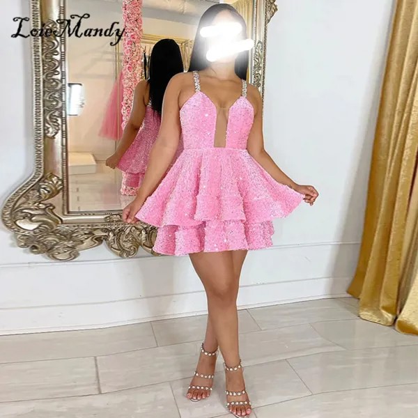 Розовое коктейльное платье с блестками 2023, Короткое мини-платье с блестящими кристаллами на лето, вечернее платье для выпускного вечера, че...