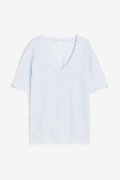 Льняная футболка из джерси с V-образным вырезом H&M, светло-синий