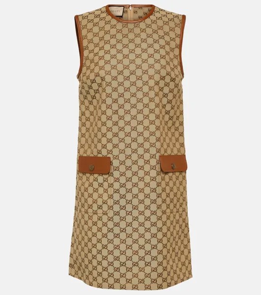 Мини-платье из парусины с узором gg и кожаной отделкой Gucci, коричневый