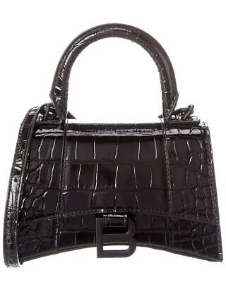 Balenciaga Женская кожаная сумка-портфель Hourglass Xs с тиснением под крокодила, черная