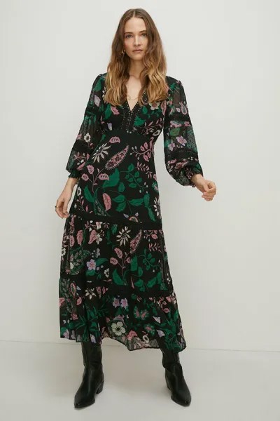 Платье миди из шифона Добби с цветочным принтом и кружевной отделкой Oasis, мультиколор