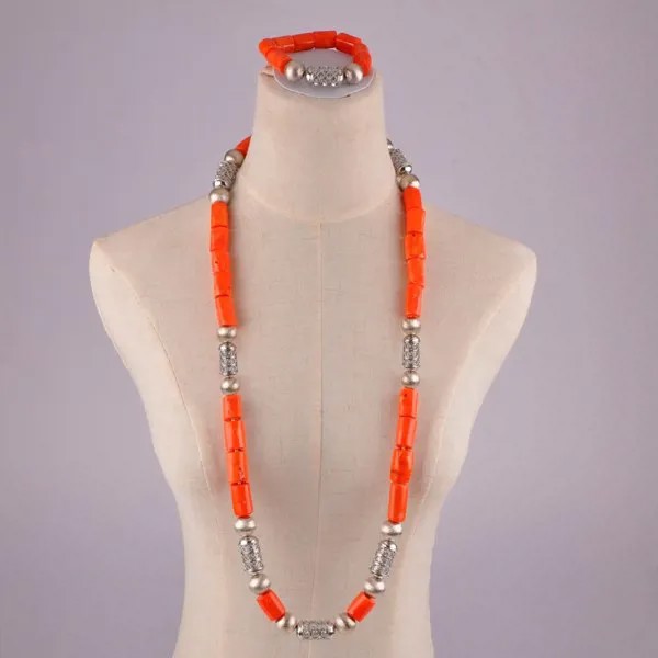 Оранжевый натуральный Коралловые украшения из бисера в нигерийском стиле для мужчин жениха в африканском стиле; Свадебные туфли невесты свадебное ювелирное ожерелье набор AU-75