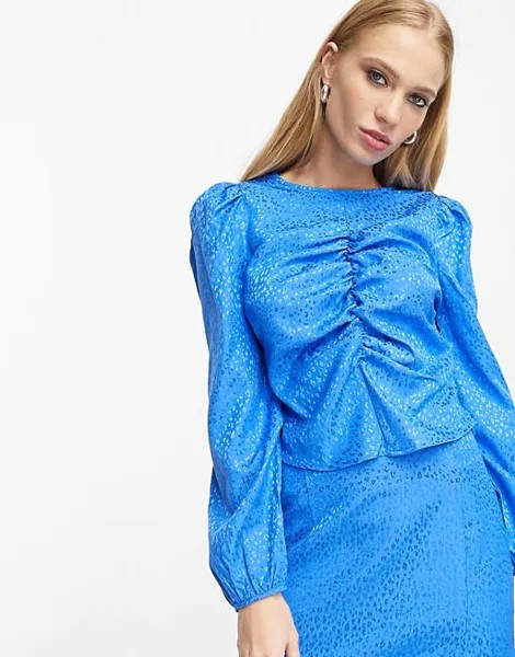 Ярко-синяя атласная жаккардовая блузка со сборками Only