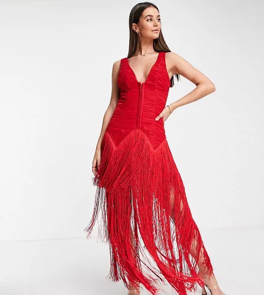 Красное платье миди с корсетом, заниженной талией и бахромой ASOS DESIGN Tall-Золотистый