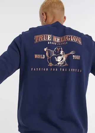 Темно-синий свитшот с принтом логотипа на спине True Religion