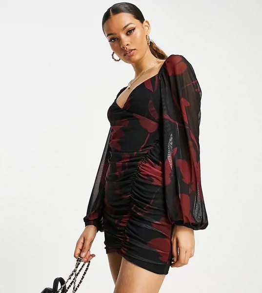 Присборенное платье мини из сетки с темно-красным цветочным принтом и открытыми плечами ASOS DESIGN Petite-Разноцветный