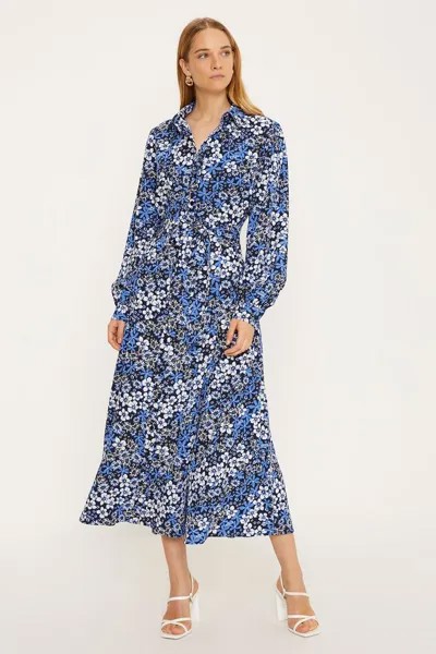 Платье-рубашка с воротником-стойкой и цветочным принтом в виде годе Oasis, синий