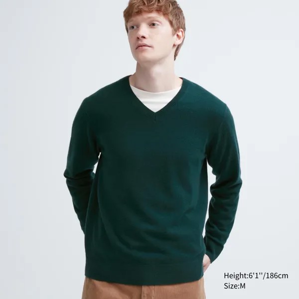 Джемпер Uniqlo мужской из кашемира с v-образным вырезом, зеленый