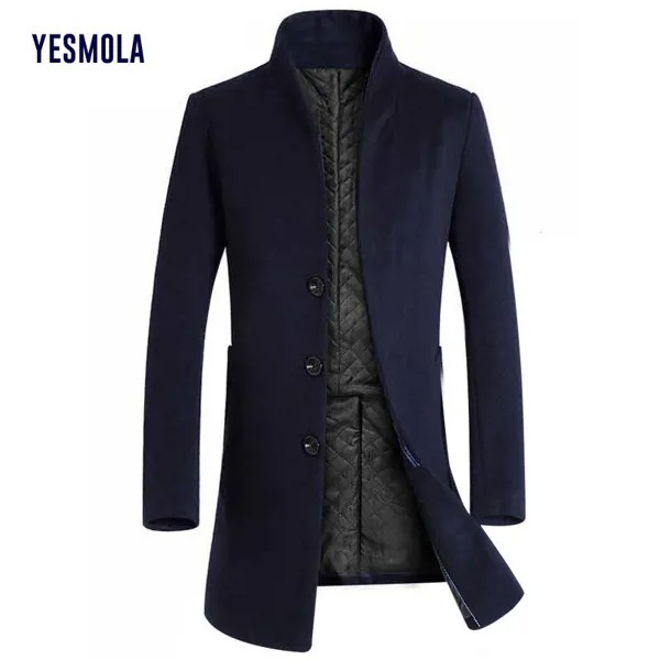 Мужская зимняя куртка YESMOLA, модная мужская одежда, Классический утепленный длинный плащ, Повседневная однотонная верхняя одежда
