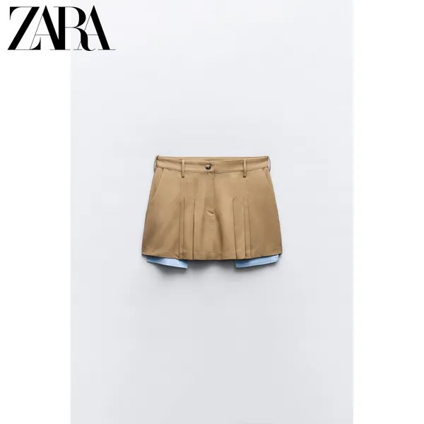 ZARA новая летняя женская мини-юбка с провисающими карманами 2157021 756, цвет средний верблюжий