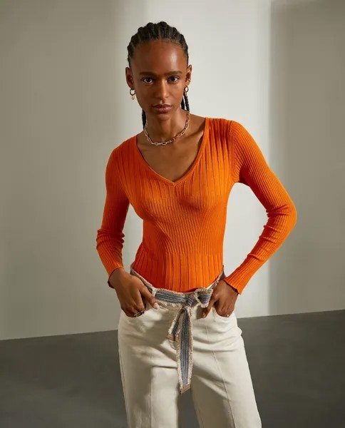 Женский свитер в рубчик с V-образным вырезом Lion of Porches, оранжевый