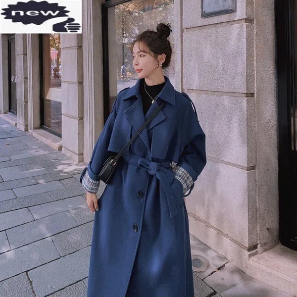 2021 осенне-зимняя верхняя одежда офисные женские туфли шерстяная куртка корейская мода Свободный однобортный ремень полушерстяной Тренч Же...