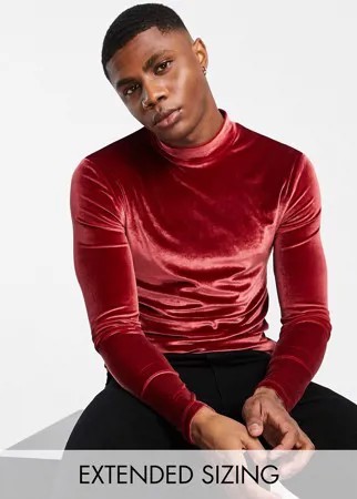 Велюровый облегающий лонгслив бордового цвета с высоким воротником ASOS DESIGN-Красный