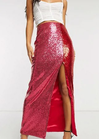 Эксклюзивная юбка мидакси контрастного розового и красного цвета с разрезом и отделкой пайетками Collective the Label-Мульти