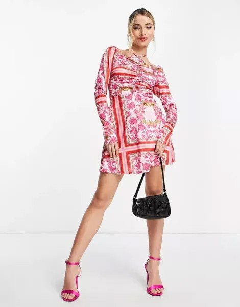 Розовое мини-платье с плиссированной юбкой In The Style x Liberty, воротником-хомутом и пышными рукавами