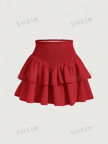 SHEIN MOD SHEIN MOD женская двухслойная мини-юбка с асимметричным подолом и рюшами и присборенной талией, красный