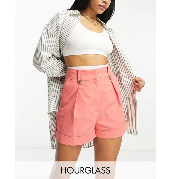 Коралловые льняные шорты с хлястиками на талии ASOS DESIGN Hourglass mom