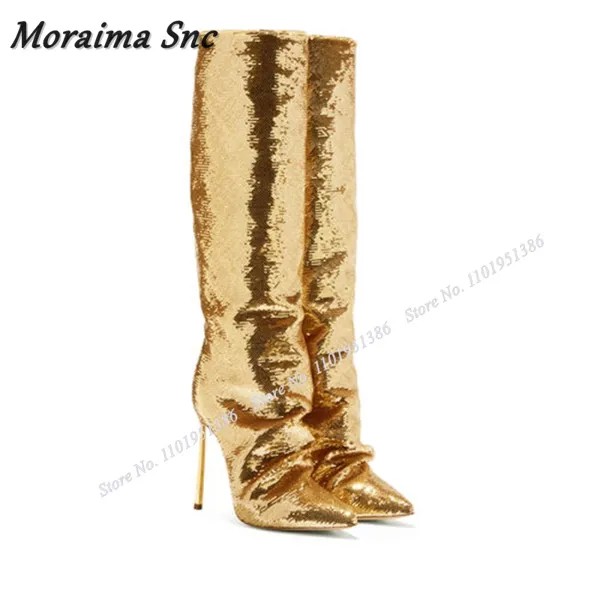 Женские сапоги с острым носком Moraima, золотистые ботфорты с острым носком, на высоком каблуке-шпильке, новинка