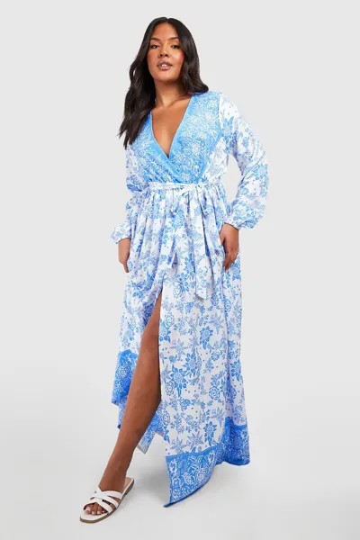 Фарфоровое платье макси с запахом и поясом boohoo, синий