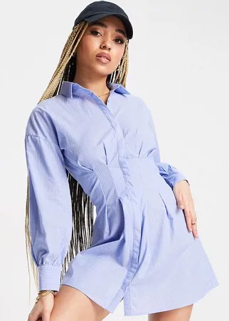 Голубое полосатое платье-рубашка с защипами на талии Missguided-Голубой