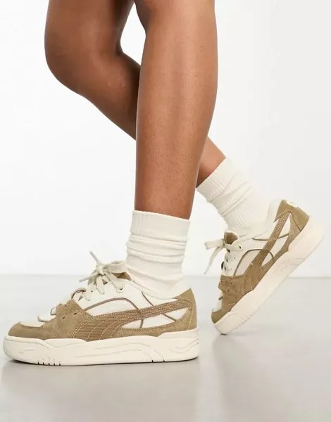 Белые вельветовые кроссовки Puma 180 с деталями цвета хаки