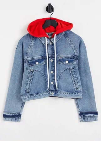 Укороченная джинсовая куртка синего цвета с капюшоном Tommy Jeans-Голубой