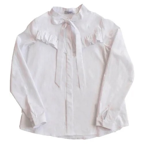 Белая школьная блузка с воланом на лифе и бантом 152
