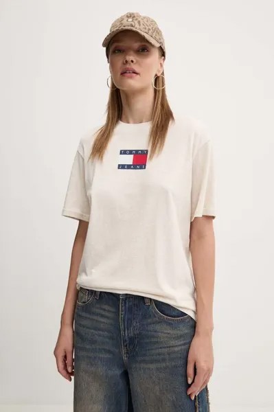 Хлопковая футболка Tommy Jeans, бежевый