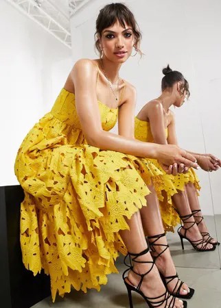 Платье на бретельках горчичного цвета с ярусным подолом и цветочной вышивкой ришелье ASOS EDITION-Желтый