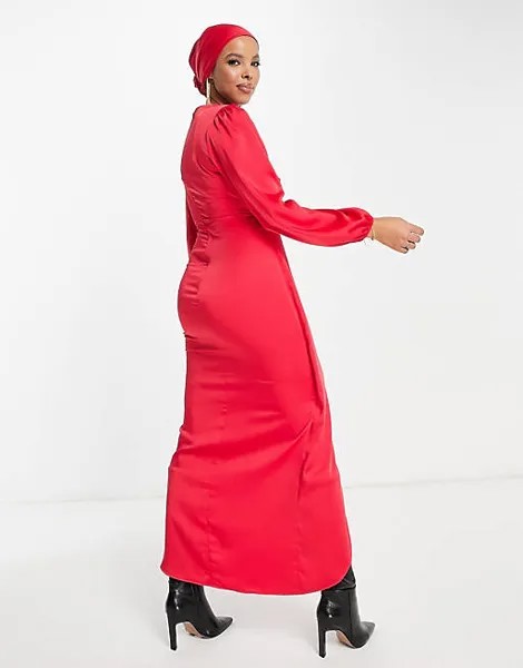 Красное атласное платье макси с запахом спереди Flounce London