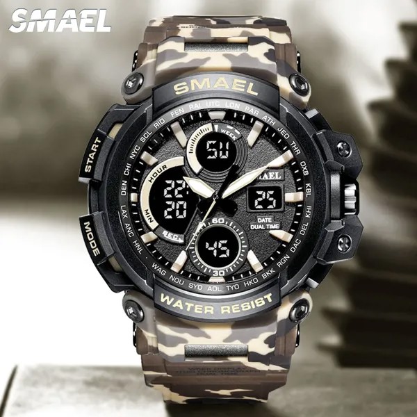 Мужские камуфляжные цифровые часы SMAEL, водонепроницаемые до 50 м военные спортивные часы, электронные наручные часы с двойным дисплеем даты и времени