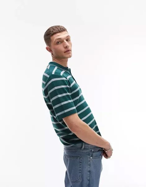 Зеленая трикотажная рубашка-поло в полоску на пуговицах Topman