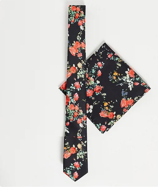 Узкий галстук c цветочным принтом на черном фоне и платок для нагрудного кармана ASOS DESIGN-Черный цвет