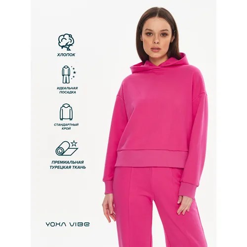 Худи YOXA VIBE, силуэт свободный, укороченное, трикотажное, без карманов, капюшон, размер M, розовый, фуксия