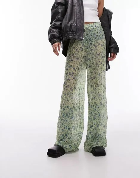 Зеленые жатые брюки с цветочным принтом Topshop
