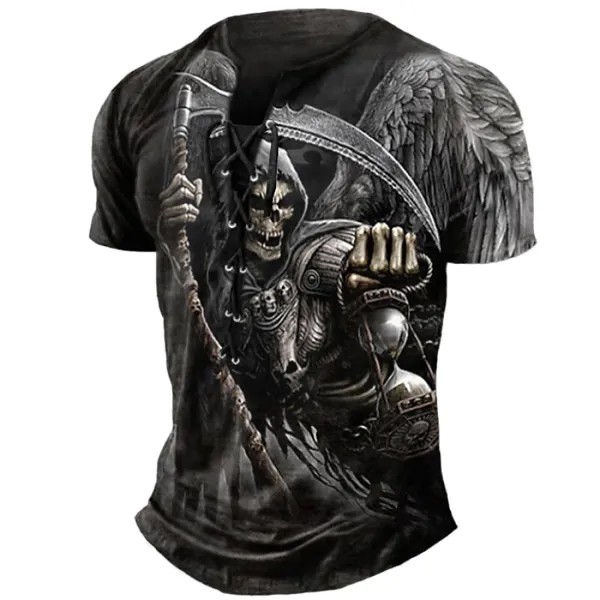 Мужская футболка с рисунком в стиле ретро и темным черепом на шнуровке Henley Shirt Tee