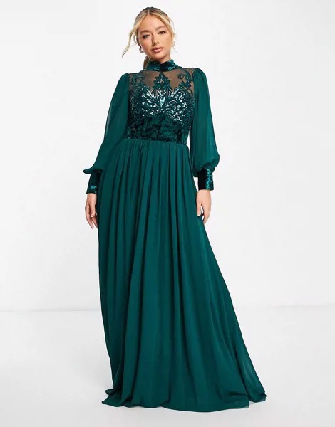 Платье макси изумрудного цвета с длинными рукавами и высоким воротом Goddiva-Зеленый цвет