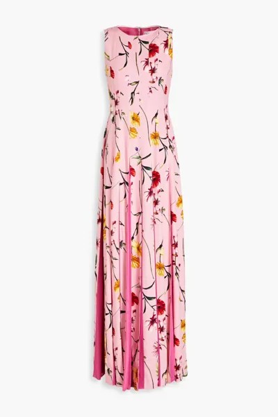 Плиссированное платье макси из кади с цветочным принтом Oscar De La Renta, розовый